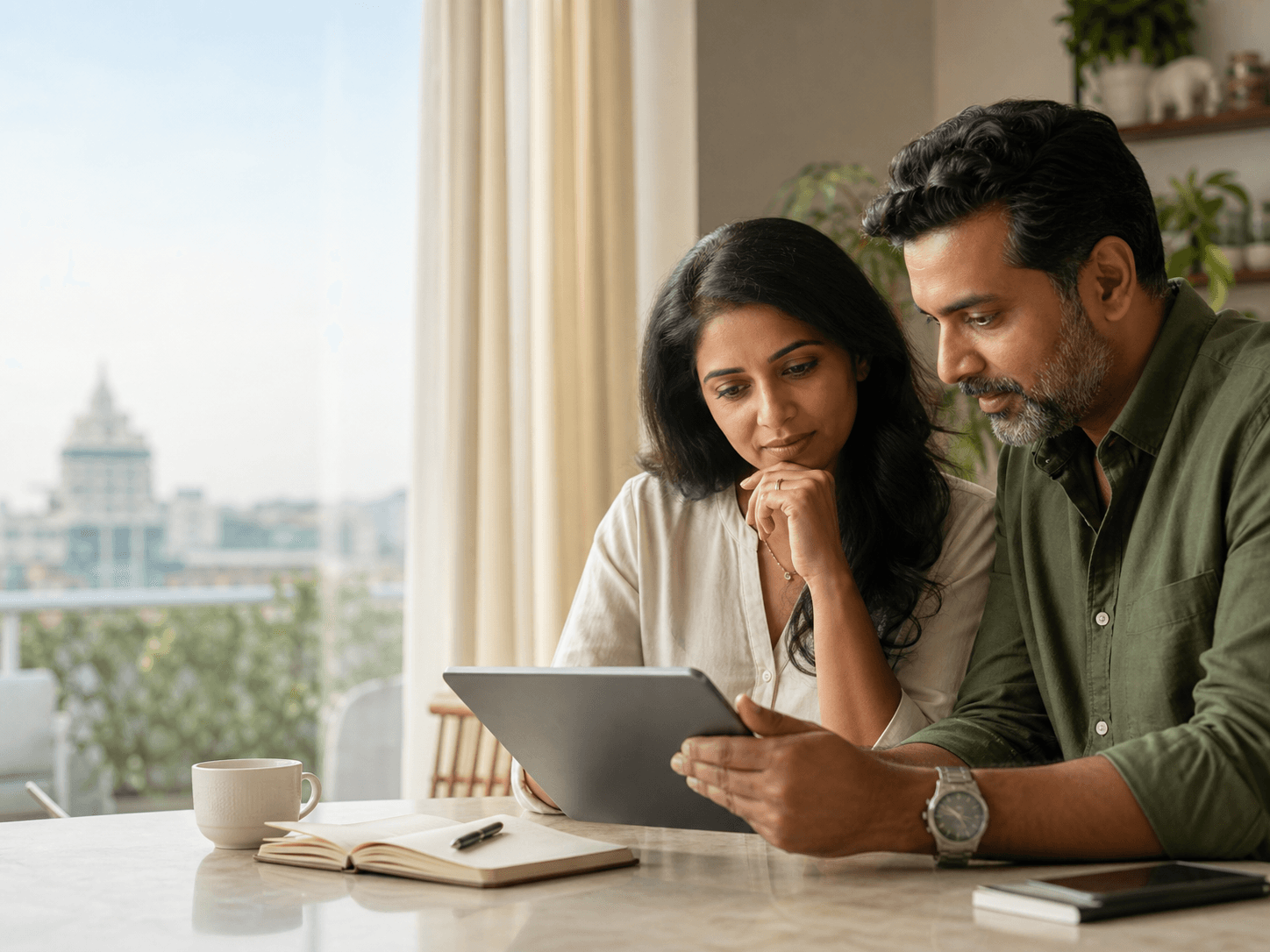Two people reviewing care information together
